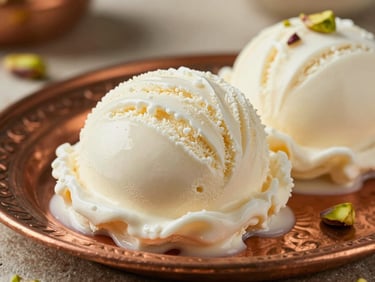 Close-up macro shot of glistening white Maraş ice cream texture on a traditional copper plate, soft side-light, warm rustic background.