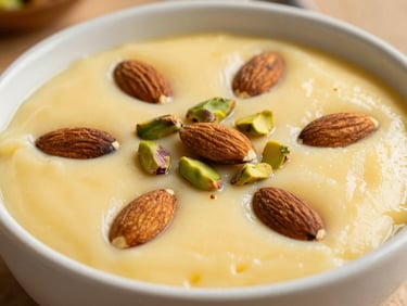 A bowl of traditional Turkish keşkül dessert, creamy yellow texture, decorated with whole blanched almonds and green pistachios on top, warm background.