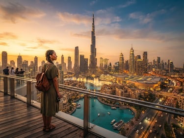 Wide panoramic Dubai cityscape at golden hour, Burj Khalifa prominent, with a diverse global traveler looking towards the city, rich saturated tones, sharp focus.
