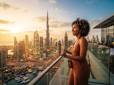 Diverse global traveler looking at a modern cityscape, Dubai skyline in soft golden hour light, with a sense of anticipation and ease.
