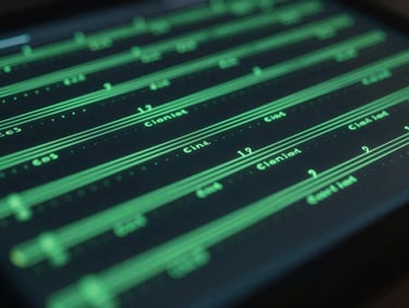 Close-up of data stream visualization on a dark display, green luminous data lines flowing in parallel across a black surface, abstract digital pipeline aesthetic, cinematic lighting, no text, no people