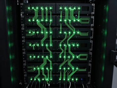 Overhead technical composition of a server rack control interface, neon green indicator lights tracing active data pathways across black hardware panels, circuit-board geometries visible under dramatic backlight, deep shadow framing the periphery, zero human presence — pure infrastructure as a prestige object