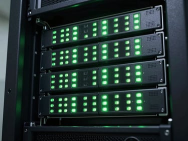 Overhead close-up of server rack infrastructure in deep black with neon green status indicator lights glowing in rows, cinematic backlight, high contrast, no text, no people