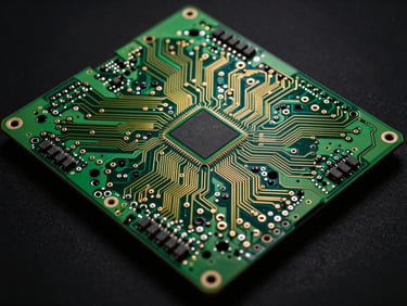 Overhead shot of complex circuit board with illuminated trace pathways in deep green and gold tones, macro lens, high contrast black background, cinematic precision lighting, no text, no people