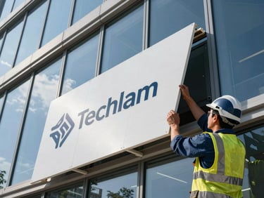 Close-up of a worker in safety gear installing a large-format Techlam porcelain panel on an exterior wall, sharp focus, dramatic workshop lighting