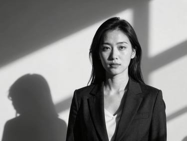 High-contrast black and white studio portrait of a female executive, sharp natural lighting, deep architectural shadows, cool tones, professional and direct.