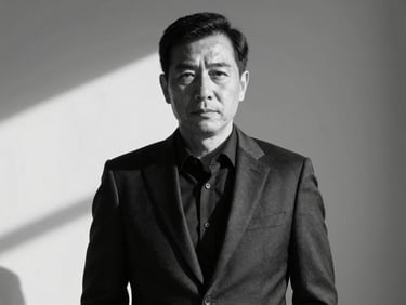 High-contrast black and white studio portrait of a mature male executive in a dark suit, sharp shadows, cool tones, 35mm lens, authoritative look.
