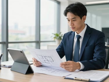 Crisp environmental portrait of a professional insurance underwriter in a bright, modern workspace reviewing architectural blueprints next to a tablet, natural daylight, sharp focus.