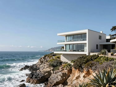 A modern architectural coastal home built on a cliff overlooking a crashing ocean, bright natural daylight, sharp focus, 35mm lens