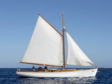 A vintage classic wooden yacht sailing on deep blue water, bright natural daylight, clean high-contrast tones, sharp focus, 35mm lens