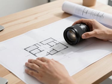 A close-up of hands-on-tech reviewing complex physical architectural blueprints on a modern clean wooden desk, bright daylight, 35mm lens