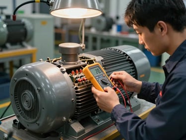 Technician in work gear performing hands-on diagnostic inspection of a large industrial motor, holding a digital multimeter against exposed terminals, warm tungsten shop lighting from overhead, factory floor background with active machinery out of focus