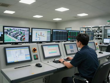 Wide shot of an industrial control room with multiple monitoring screens displaying production line data, a technician studying readouts at the panel, fluorescent overhead lighting, steel equipment racks visible in background