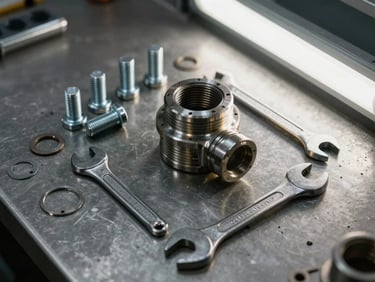 Close-up overhead flat-lay of industrial spare parts and wrenches on a steel workshop bench under fluorescent light, bolts and gaskets arranged around a heavy-duty coupling component, tungsten ambient light from the side