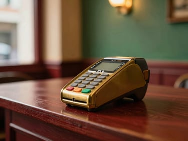 Close-up of a sleek brass payment terminal in a warm, cozy restaurant interior, soft golden hour light, editorial business photography