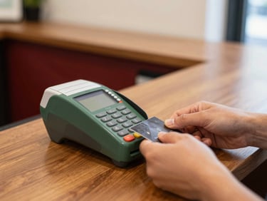 Close-up of a modern payment terminal in action on a wooden counter, warm interior lighting, hands holding a card, editorial 35mm