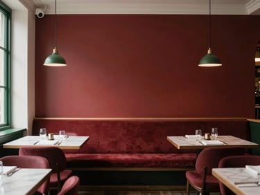 Warm cozy hospitality interior with soft natural light, a quiet restaurant dining room in London, editorial 35mm