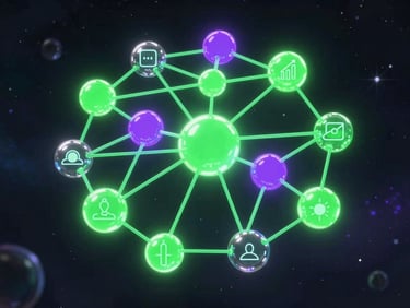 A glowing 3D node network representing academic subjects, neon green luminescence, dark space background