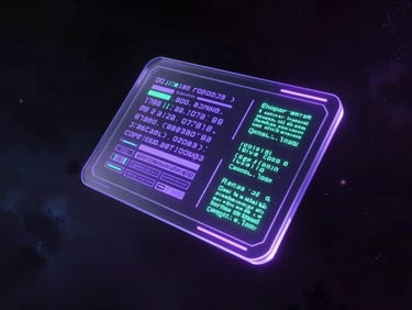 Futuristic 3D render of a glowing holographic code terminal floating in a dark cosmic void, neon purple accents, glassmorphic panels