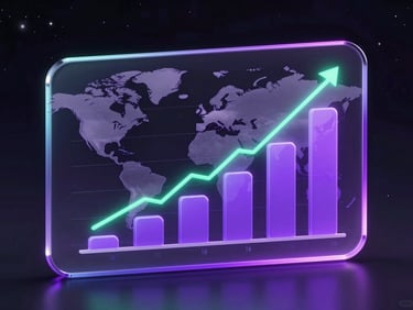 A sleek glassmorphic chart showing global hiring trends, neon purple accents, high-contrast dark background