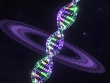 Futuristic 3D render of a glowing DNA helix floating amidst planetary rings, neon green accents, cinematic dark space lighting