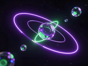 Futuristic 3D render of glowing neon purple and green orbital paths, glassmorphic data nodes floating in deep space, cosmic dust, cinematic lighting