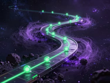 An abstract 3D timeline pathway winding through cosmic dust, glowing green indicators, cinematic lighting