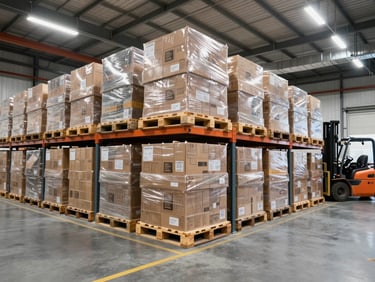 Panoramic wide shot inside a modern distribution warehouse, stacked pallets of boxed goods organized in neat rows under high bay lighting, forklift visible in the far right background, clean industrial floor markings, bright ambient warehouse light, no people in foreground