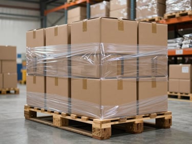 Environmental shot of a clean logistics staging area with stacked brown cardboard boxes on a pallet wrapped in clear stretch film, bright warehouse ambient lighting, concrete floor, organized shelving in background