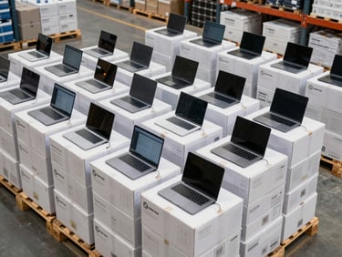 Wide overhead of laptops and tablets stacked in their boxes on warehouse pallet, bright fluorescent warehouse lighting, clean organized rows, no people