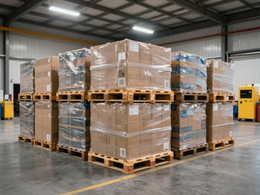 Wide environmental shot of a clean commercial warehouse loading dock — stacked pallets of boxed goods, logistics equipment visible in background, bright overhead warehouse lighting, no people