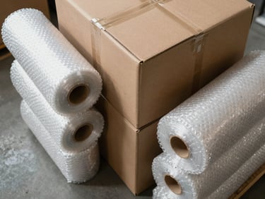Clean overhead of stacked corrugated cardboard shipping boxes and bubble wrap rolls on a warehouse floor, bright ambient warehouse lighting, organized arrangement, neutral concrete floor visible