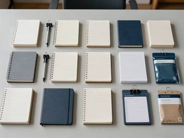 Wide overhead shot of a clean desk surface covered in organized office supplies — stacked notepads, pens, binder clips, and branded packaging arranged in neat rows under bright even studio lighting, neutral background, soft consistent shadows