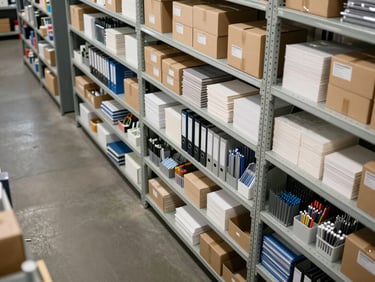Overhead shot of organized office supply inventory on warehouse shelving — boxes of paper, binders, and stationery arranged in clean columns under bright ambient fluorescent lighting, wide environmental framing