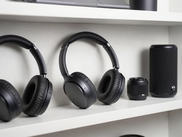 Flat-lay overhead shot of wireless earbuds, over-ear headphones, and a portable speaker arranged on a clean white shelf, bright diffused studio lighting, no people