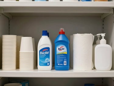 Overhead view of commercial breakroom supplies neatly arranged on a shelf — paper cups, cleaning products, paper towel rolls, and hand soap dispensers in a row, bright even studio lighting, no people, clean and organized