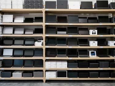 Wide overhead shot of neatly arranged consumer electronics on warehouse shelving — laptops, tablets, and accessories stacked in uniform rows under bright even warehouse lighting, neutral grey floor visible at bottom edge