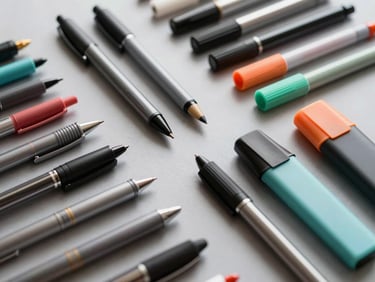 Close-up overhead of neatly organized writing instruments — pens, markers, and highlighters arranged in rows on a neutral light grey surface, bright even studio lighting, clean product photography with soft shadows