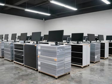 Wide-angle shot of monitors and display panels stacked in original packaging on warehouse floor, organized by size, bright overhead lighting, clean concrete, no people