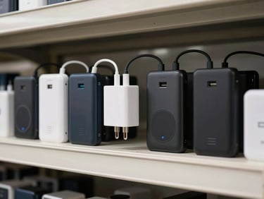 Clean overhead of charging equipment — power banks, multi-port chargers, wireless charging pads — lined up on a warehouse shelf under bright even lighting, no people