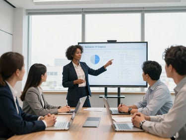 editorial corporate photography of a minority tech founder presenting a slide deck to corporate partners in a bright modern boardroom, 35mm