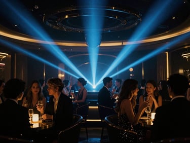 High-end club interior with dramatic blue strobes and elegant people in evening wear, exclusive VIP atmosphere, 35mm film