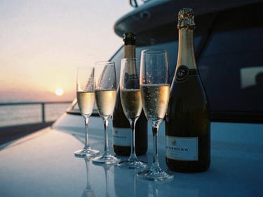 Close-up of premium bottle service with champagne flutes on a sleek yacht deck, golden hour sunset light, high contrast, 35mm film