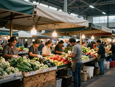 Environmental wide shot of an indoor food market during early-morning setup, vendors arranging produce under warm overhead lights, wooden stalls and canvas awnings, no customers yet, honest documentary framing