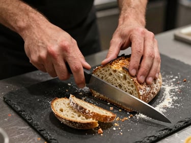 Close-up overhead of a restaurant kitchen counter during quiet prep hours, a chef's hands slicing sourdough with a serrated knife, warm tungsten light, crumbs and flour on dark slate surface, honest and unhurried