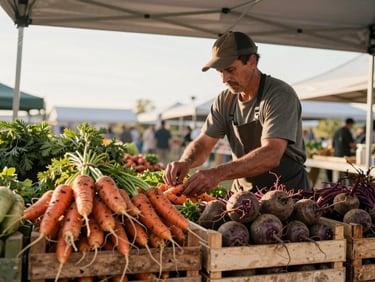 A farmer at a market stall arranging root vegetables in wooden crates at golden hour, warm outdoor light catching the dirt and texture of freshly pulled carrots and beets, wide environmental framing with the stall canopy visible above