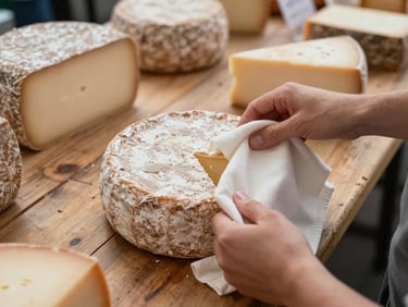 Overhead flat-lay of a food market opening ritual—hands unwrapping cloth from a wheel of cheese on a worn wooden counter, other market goods softly out of focus in the background, cool north-facing daylight