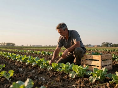 Wide shot of a farmer in a muddy field at golden hour, kneeling beside a row of leafy vegetables, late afternoon light catching soil on his forearms, a wooden crate beside him, open sky behind