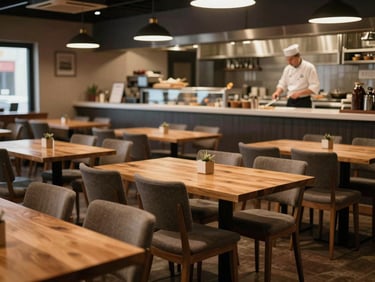 Wide shot of a quiet restaurant dining room during morning setup, chairs half-turned, soft tungsten light warming exposed wood tables, a single cook visible at the pass in the background