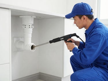 Professional plumber technician using high-pressure jetting equipment to clear a main drain line in a clean utility room, crisp editorial photography, bright natural daylight, clean blue and white tones, sharp focus, professional depth of field, medium shot